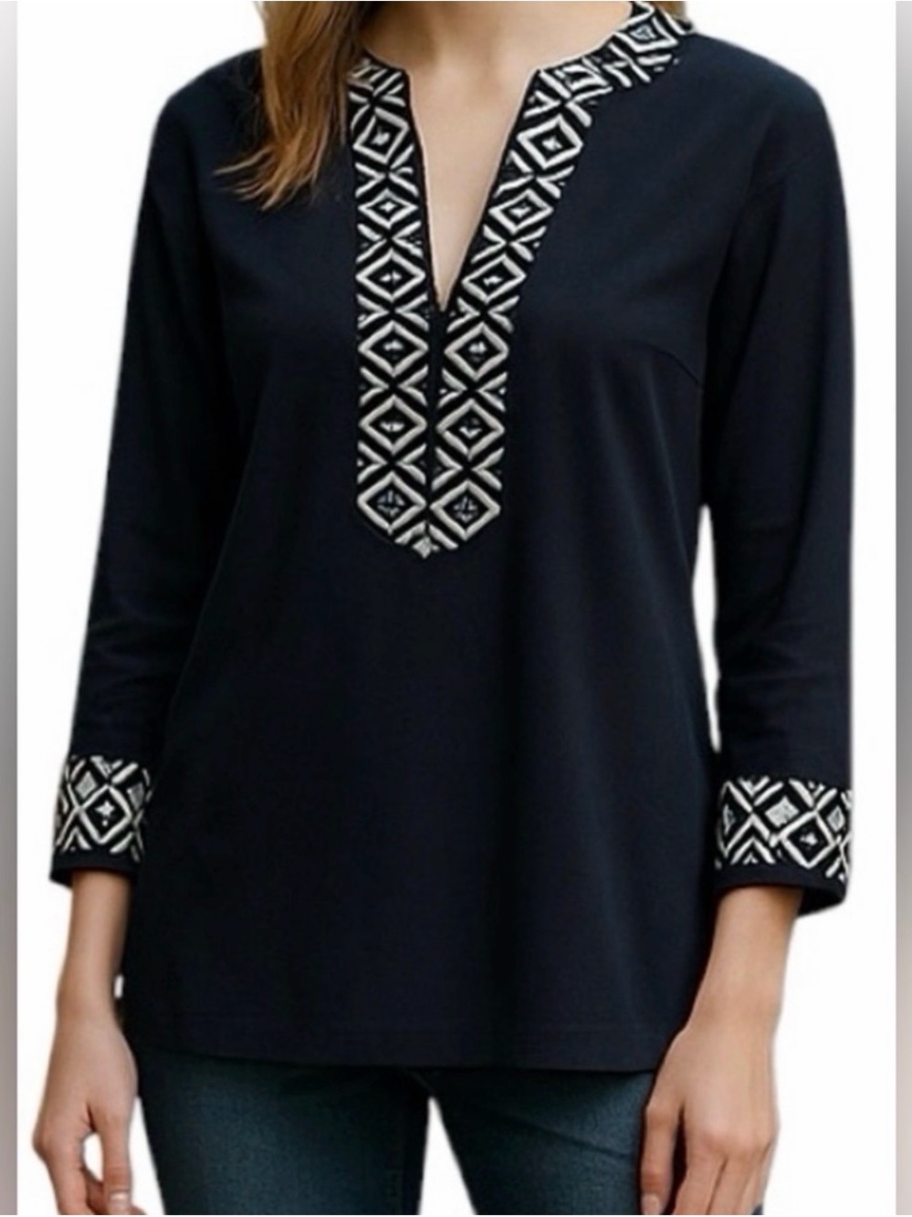 Tory Burch Black Tunic with White Geometric Trim
